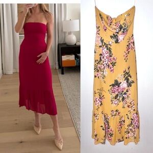 New Reformation Arta Strapless Midi Dress in Anjelica Floral Yellow Sz 0